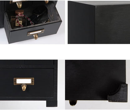 Apothecary Cabinet with 9 Drawers & Labels Rustic Library Card Catalog Cabinet Desktop Wooden Storage Box for Organize Herbal、Tea Bag、Jewelry (Black)