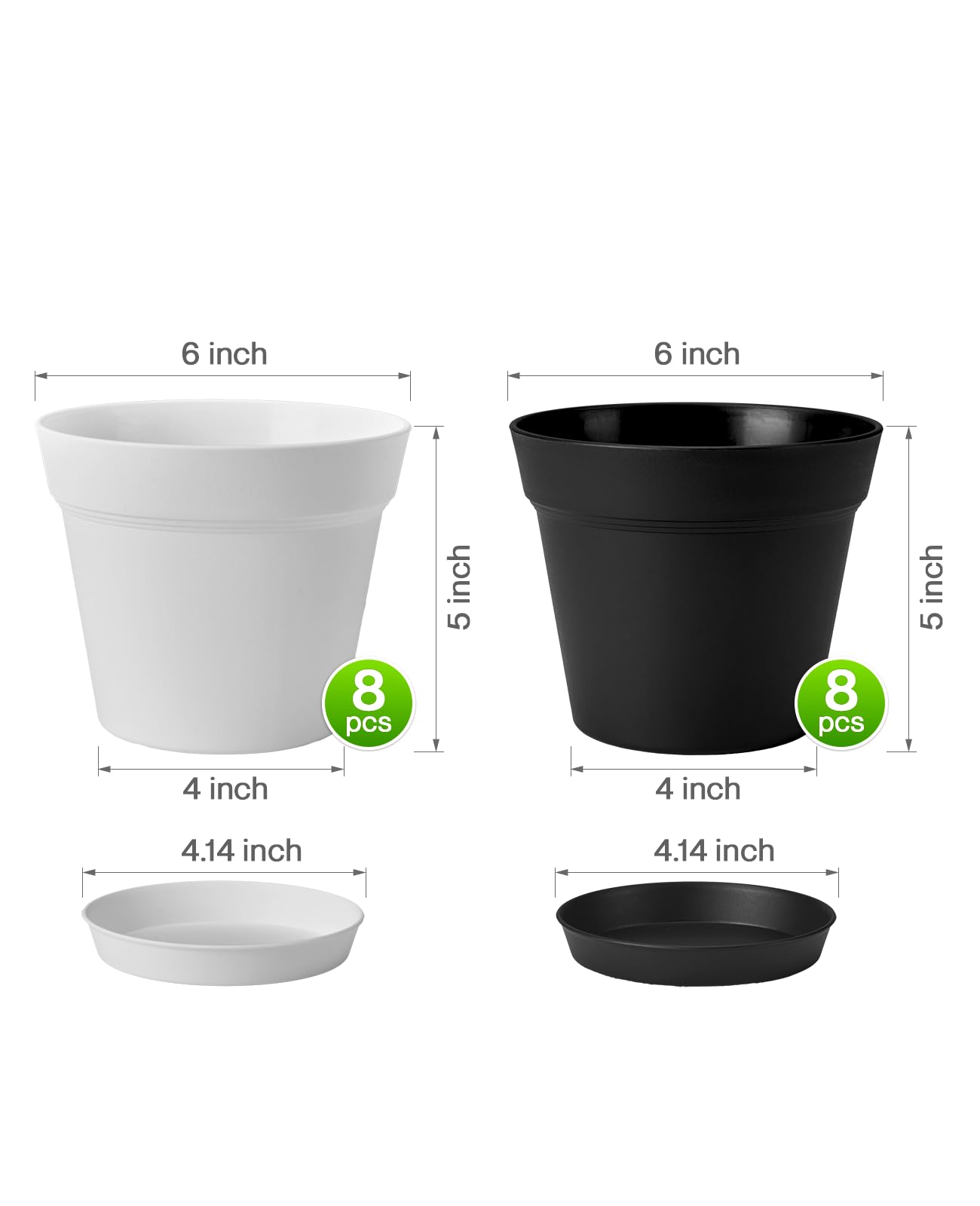 homenote Plant Pots,6 Inch Flower Pots for Plants Plastic Planters for Indoor with Multiple Drainage Holes and Trays, for All Home Garden Flowers Succulents,Outdoor(White&Black,16 Pack)