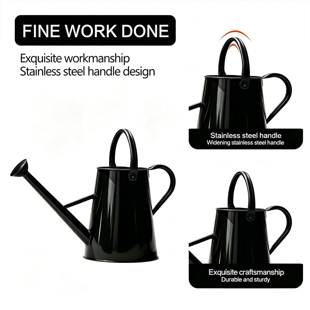 SunnyTong Metal Watering Can for Outdoor and Indoor Plants, Watering Can Decor, 1.5 Gallon（Black）