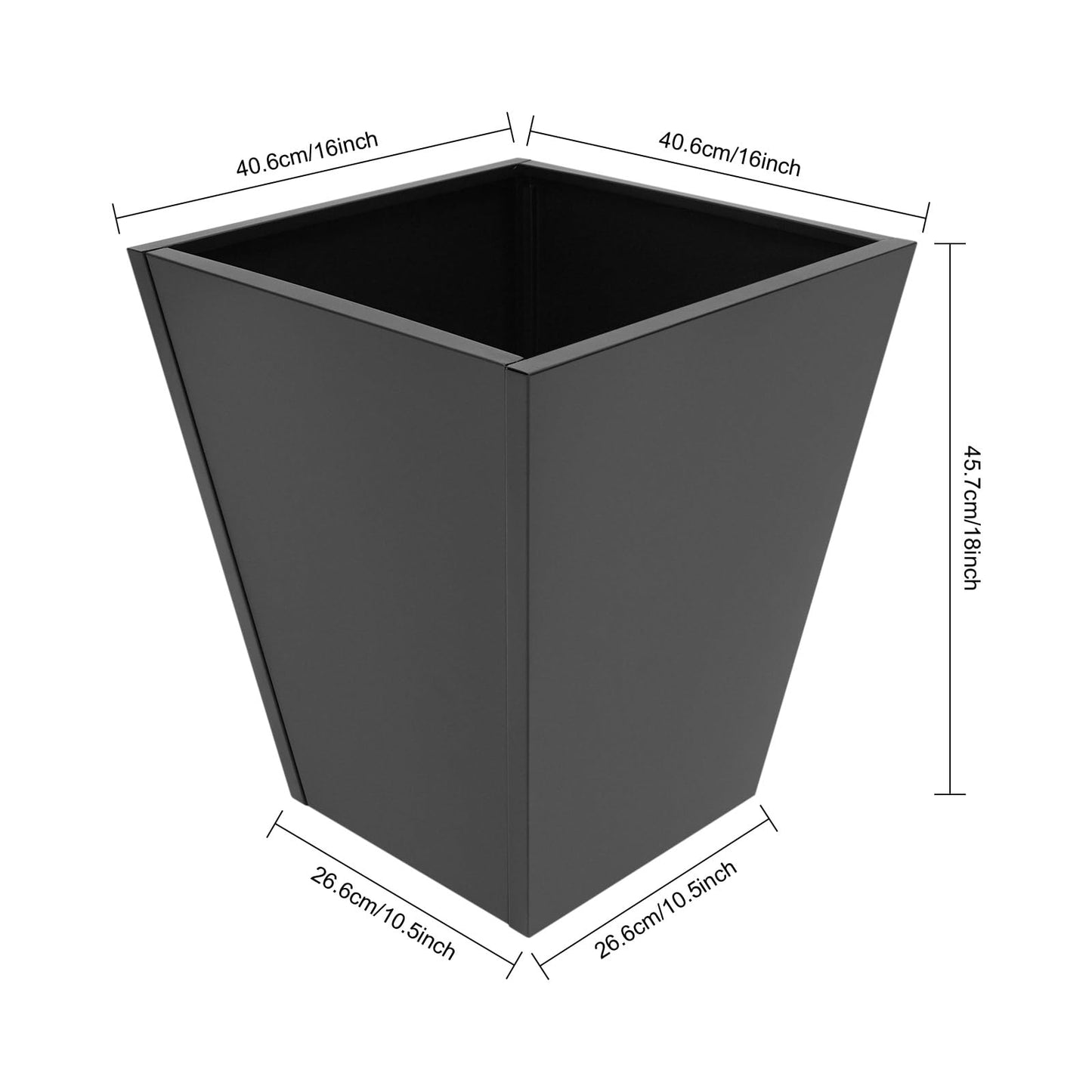 DYNAMI Black Tall Planter for Outdoor Plants,16in W Modern Large Planter Pot with Drainage Hole,Metal Square Flower Pot,for Porch,Garden, Patio, Yard (Black, 16 * 16 * 18in)