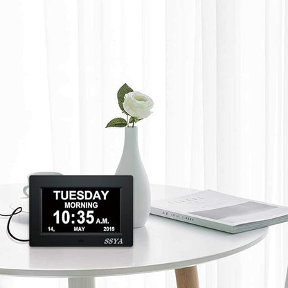 SSYA 7 Inch Calendar Clock - 12 Alarm Options, Level 5 Auto Dimmable Display,Extra Large Impaired Vision Digital Clock with Non-Abbreviated Day & Month (Black)