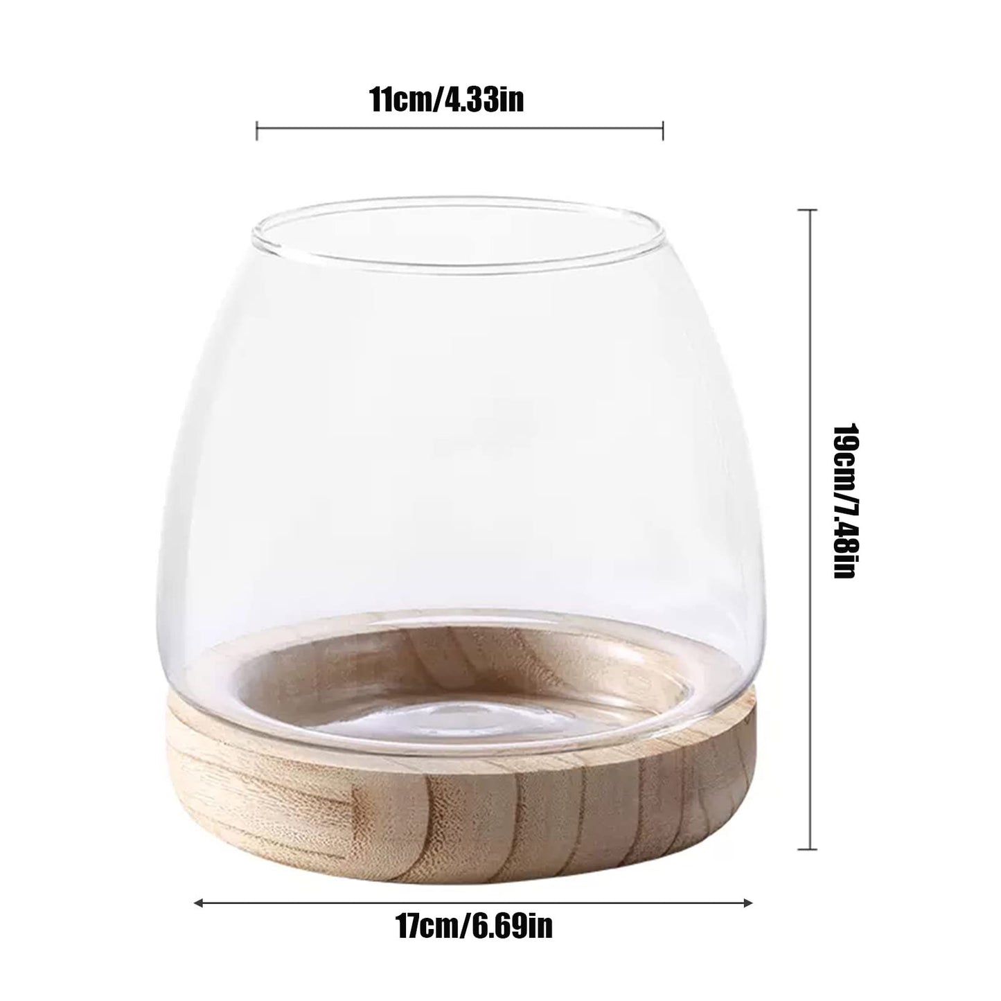 Glass Vase with Wooden Support Base, 1pcs Clear Glass Bubble Vase, Hydroponic Plant Terrarium Aquarium Goldfish Bowl for Home Office Centerpieces Flower Arrangement Decor (A 30 × 24 × 24 cm)