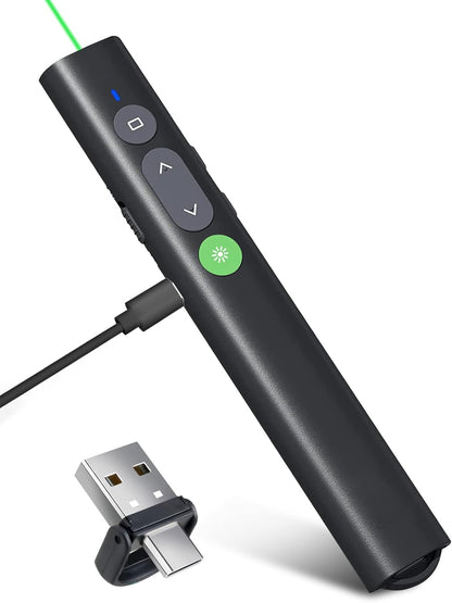 Rechargeable Presentation Clicker for PowerPoint Green Light Pointer, USB-A/USB-C Wireless Presenter Remote, Google Slide Advancer Smart Board Slideshow PPT Clicker for Mac/Laptop/Computer/Office