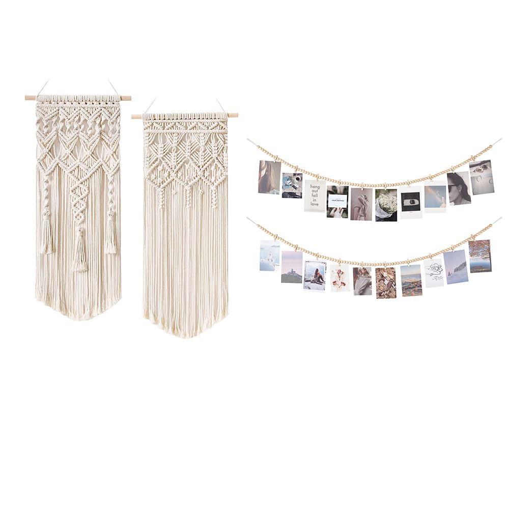 Mkono Set of 4 Boho Macrame Woven Wall Hanging and Wooden Bead Garland for Bedroom, Living Room, Nursery Dorm, Teen Girl Gifts