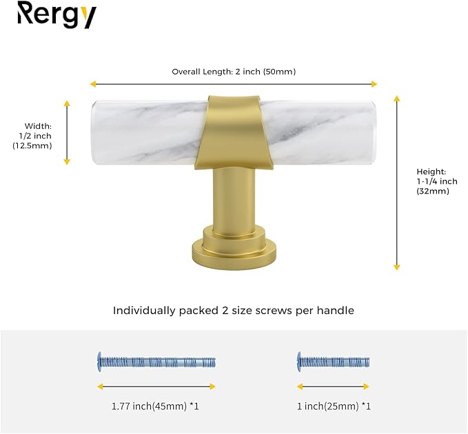 Rergy Cabinet Handles Marble Drawer Pulls and Knobs, T-Bar Hardware