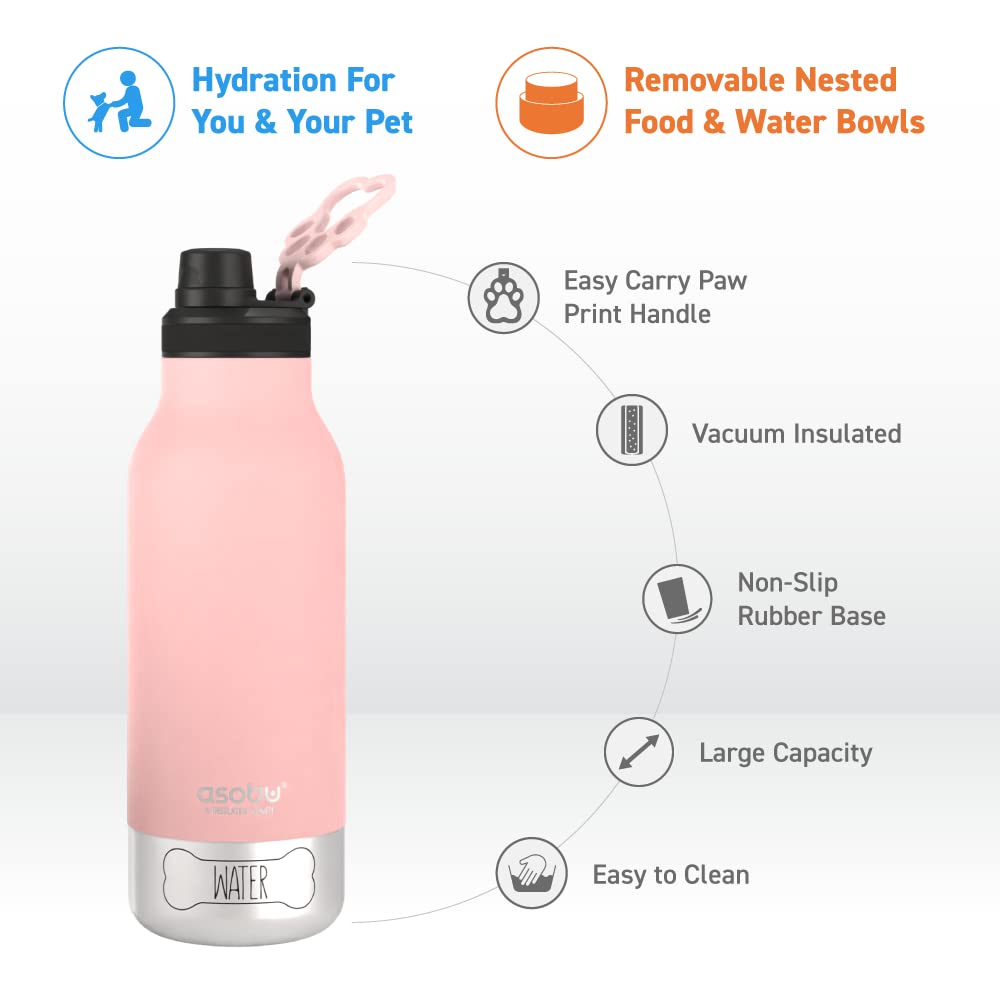 Asobu Dog Barky Bottle – Insulated Stainless Steel Water Bottle with 2 Removable Dog Bowls for Food, Treats & Water – Pet-Friendly Travel Bottle for Hiking, Road Trips & Outdoor Adventures