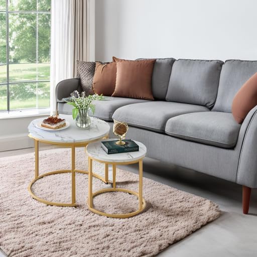 aboxoo Coffee Table Nesting White Set of 2 Side Set Golden Frame Circular Round