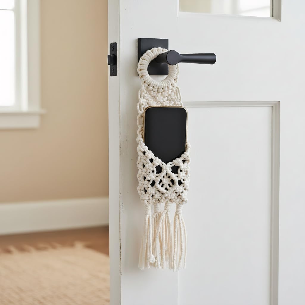 Macravine 2-Pack Boho Phone Hanger on wall, Macrame Remote Control Hanging, Chic Home Decoration Crochet Hanging Organizer, Boho Key Holder 18"X3.5"(Brown+Beige)