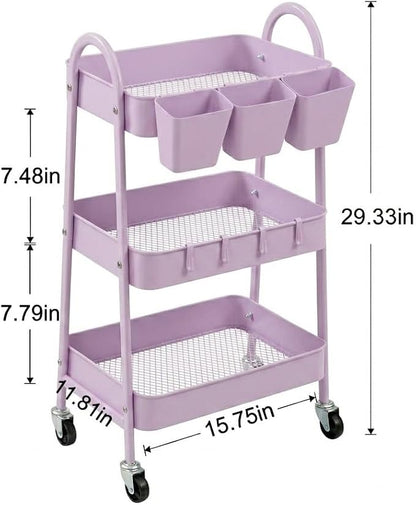 danpinera 3-Tier Rolling Cart, Utility Cart Mobile Metal Rolling Storage Cart with Lockable Wheels & Hanging Cups & Hooks for Kitchen, Bathroom, Office, Workshop, Purple
