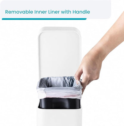 Home Zone Living 1.3 Gallon Small Bathroom Trash Can with Lid and Step Pedal, Stainless Steel Wastebasket with Slim Design for Home and Office, Matte White, 5 Liters