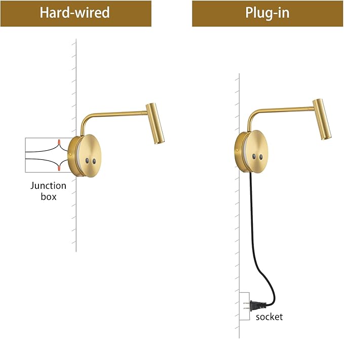 Gold Wall Mounted Reading Light 2 Pack, 3000K Flexible Headboard Reading Sconces with On Off Switch Control, Plug in/Hardwired Wall Light Fixtures with Night Light for Bedside Bedroom Bunk