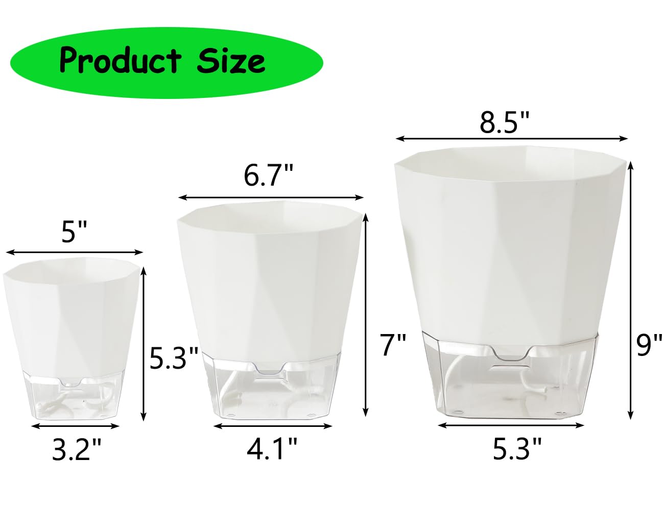 Qimodo 3 Pack 8.5/6.7/5 Inch Plastic Self Watering Indoor Planters,Modern Decorative Plant and Flower Pots for Succulents,Aloe,Herbs,African Violets,Peace Lily with Absorbent Rope,White