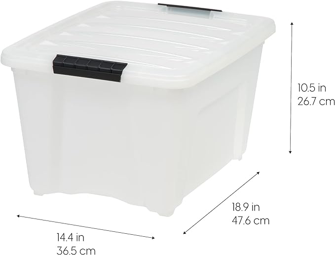 IRIS USA 32 Qt Stackable Plastic Storage Bins with Lids, 6 Pack - BPA-Free, Made in USA - Discreet Organizing Solution, Latches, Durable Nestable Containers, Secure Pull Handle - Pearl