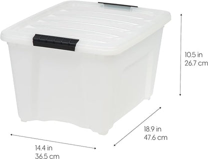IRIS USA 32 Qt Stackable Plastic Storage Bins with Lids, 6 Pack - BPA-Free, Made in USA - Discreet Organizing Solution, Latches, Durable Nestable Containers, Secure Pull Handle - Pearl