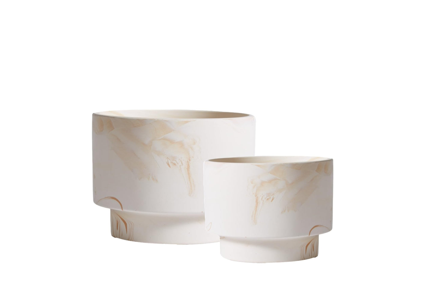 Olly & Rose White with Beige Streaks Ceramic Plant Pot Set 2-16.5,13.5cm Medium Plant Pots Outdoor and Indoor - White Planters - Flower Pots