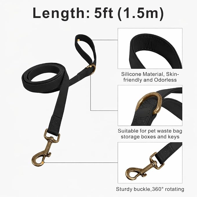 Silicone Dog Collar and Leash Set, Waterproof & Odor-Proof Puppy Collar for Small Dogs, Soft Flexible Leather-Look Dog Collars, Durable Thick Adjustable Pet Collar (Black, Medium (12.5-20" Neck))