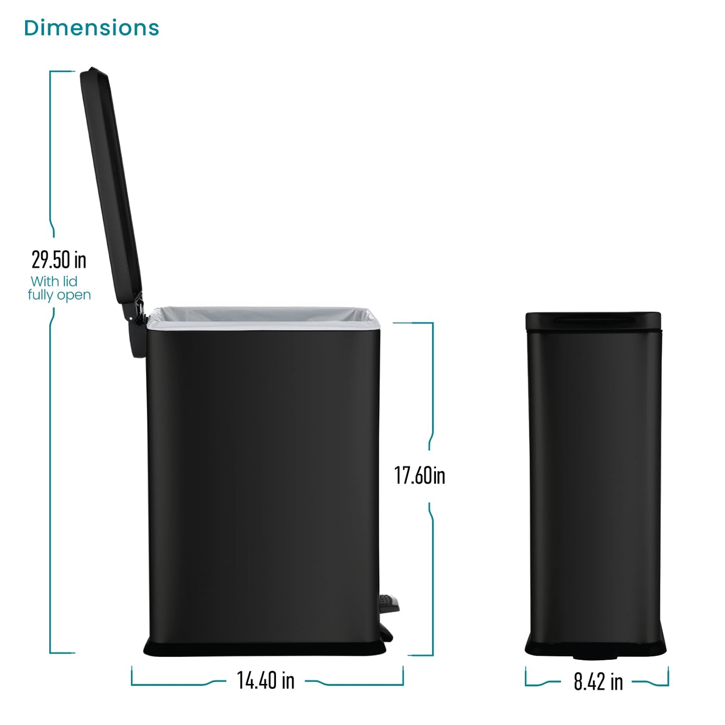 Home Zone Living 4 Gallon Slim Kitchen Trash Can with Soft Close Lid and Step Pedal, Matte Black Stainless Steel Wastebasket with Removable Bucket