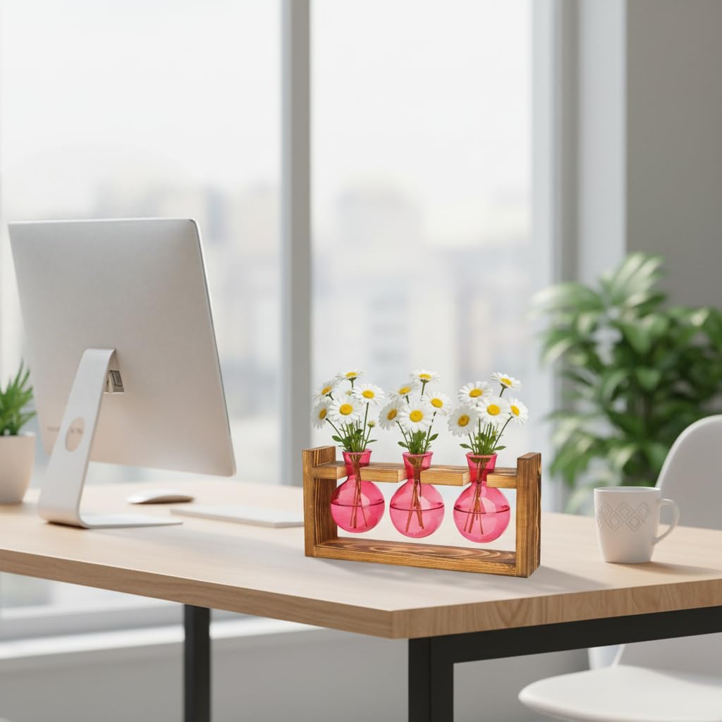 XXXFLOWER Glass Plant Terrarium Propagation Station, Gifts for Mom Plant Lovers Wife Daughter, 3 Bulb Glass Vase Plant Terrarium Tabletop for Hydroponics Home Office Indoor Decor (Pink)