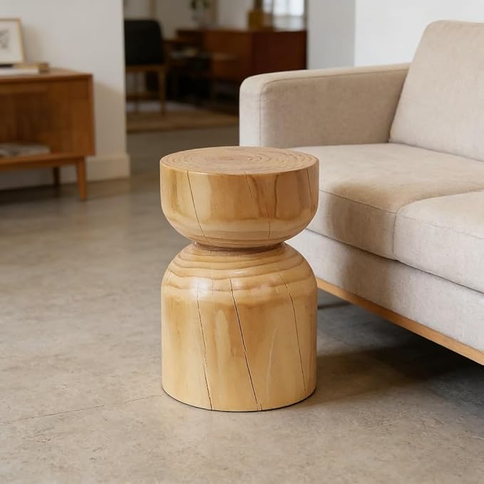 Solid Wood Stool & Sofa Side Table, Rustic Hourglass Wabi-Sabi Accent Coffee