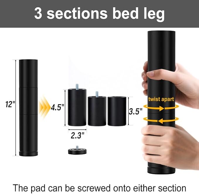 12 Inch Adjustable Bed Legs Replacement Screw in Furniture Support, 3 Sections