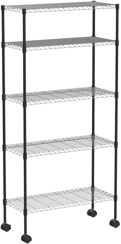 30" L×14" W×60" H Wire Shelving Unit Metal Shelf with 5 Tier Casters Adjustable Layer Rack Strong Steel for Restaurant Garage Pantry Kitchen Garage，Black