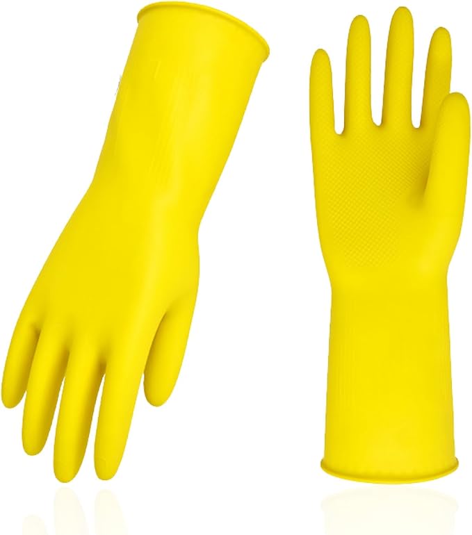 Vgo... 1-Pair Reusable Household Gloves, Rubber Dishwashing gloves, Extra Thickness, Long Sleeves, Kitchen Cleaning, Working, Painting, Gardening, Pet Care (Size M, Yellow, HH4601)