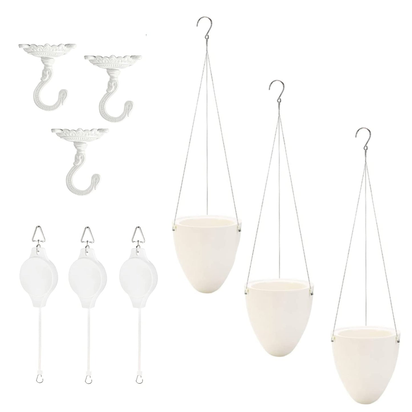 Sungmor Heavy Duty Ceiling Hooks for Hanging Planters, 3pcs Set Indoor Outdoor Plant Pulleys Adjustable Plant Hangers, Plant Hooks for Hanging Basket Flower Pot Bird Feeder