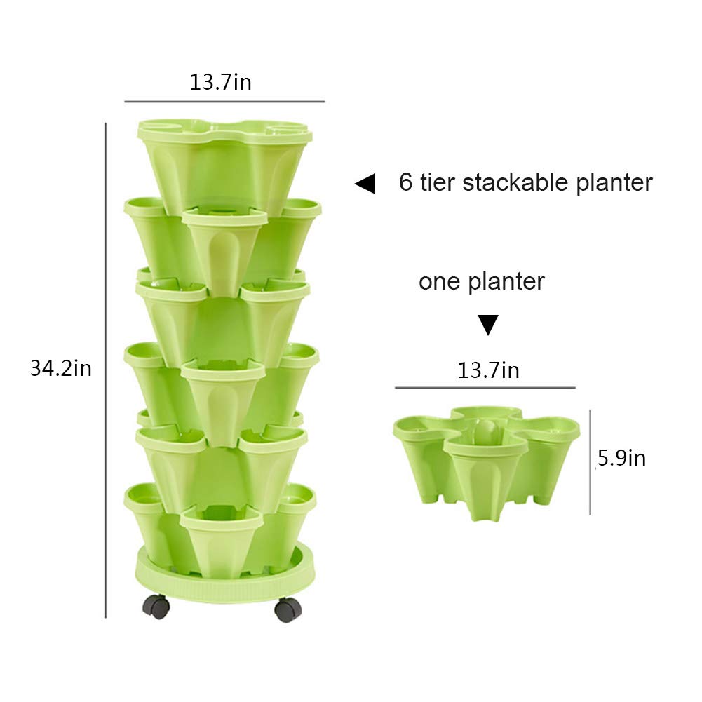 3 Tier Stackable Strawberry Planter Vertical Garden Stacking Herb Vegetable Planters with Removable Wheels Saucer, 4- Compartment Pot