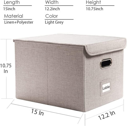 PRANDOM File Organizer Box - Set of 4 Collapsible Decorative Linen Filing Storage Hanging File Folders with Lids Office Cabinet Letter Size Light Grey (15x12.2x10.75 inch)