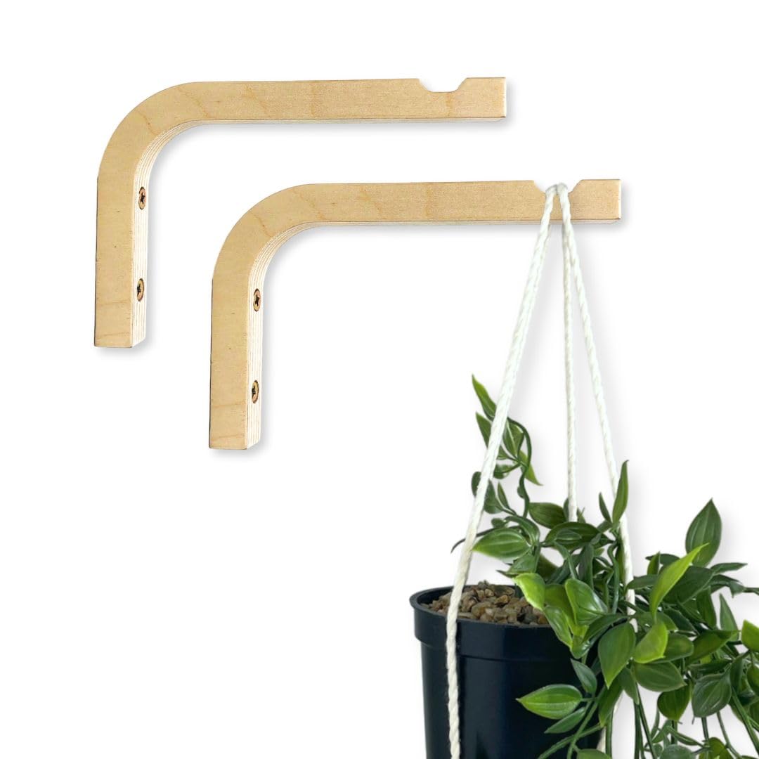 EvenWood 2-Piece Set of Plant Hooks for Wall 6 inch - Mounted Wooden Plant Hook - Indoor and Outdoor Bracket Plant Hanger for Planters, Lanterns, Bird Feeders, Patio Decorations (Natural)