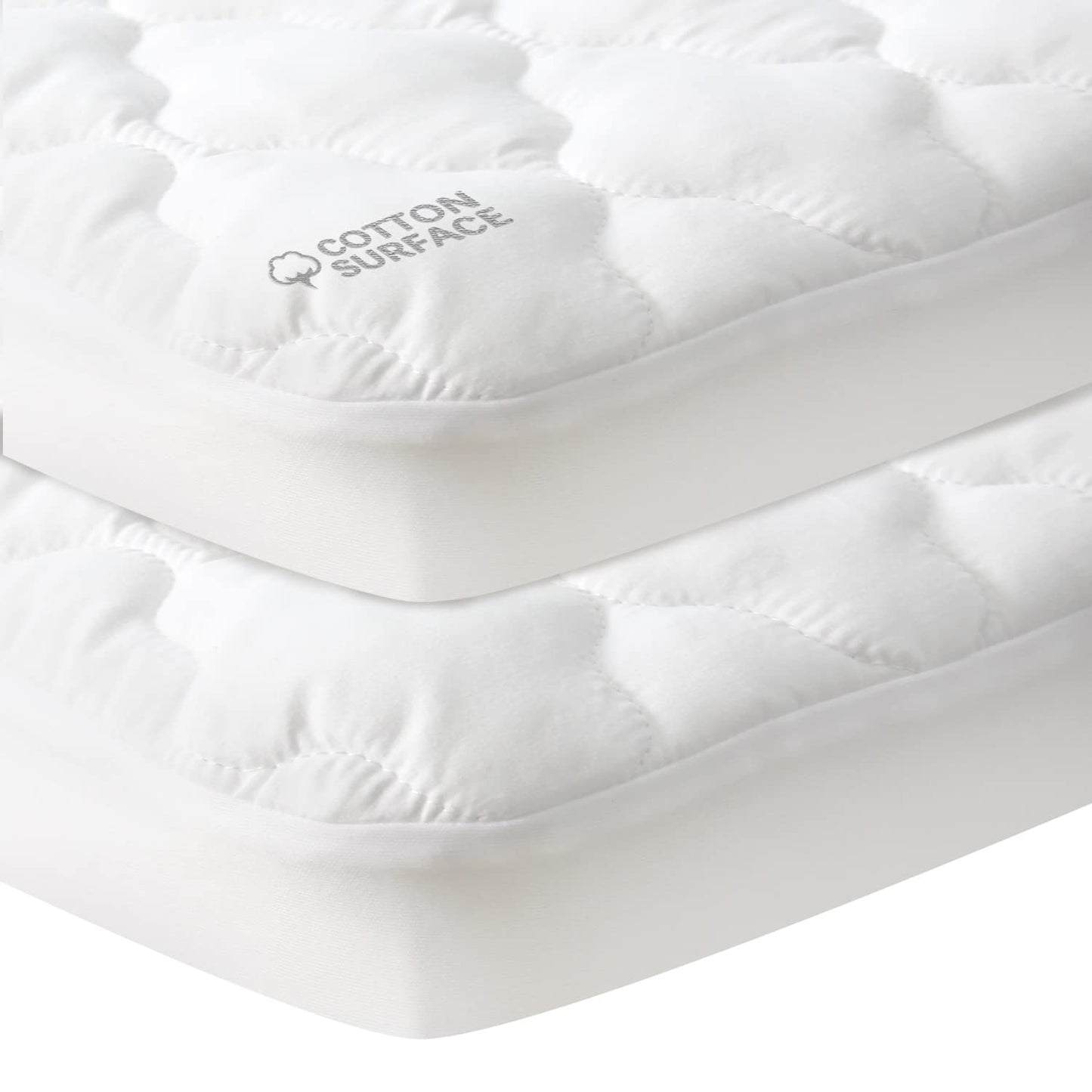 Pack and Play Mattress Pad Protector 2 Pack Waterproof, Cotton Fabric Absorbent, Soft Pack and Play Sheets, Fits Graco Play Yards, Baby Portable Mini Cribs. Foldable Mini Crib Sheets Cover