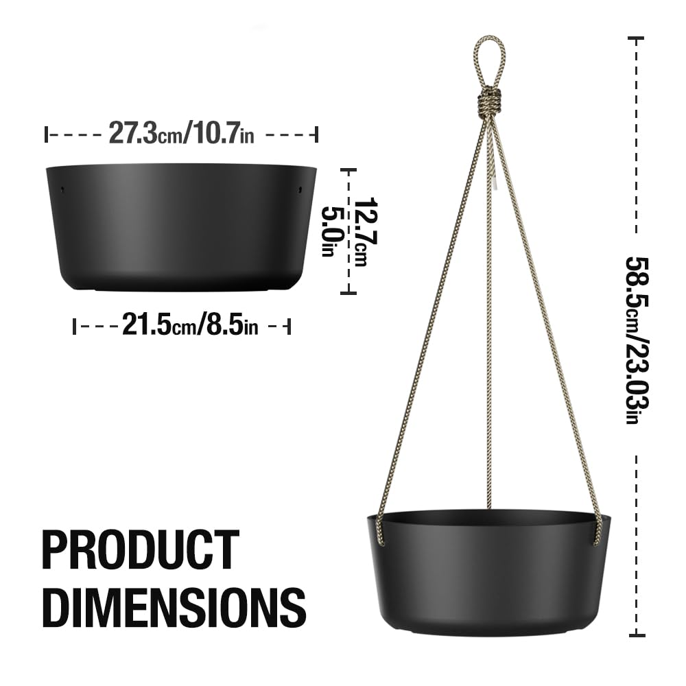 Asnext 10.7 Inch Hanging Planter for Outdoor Indoor Plants，2 Pack Hanging Flower Pots with Drain Holes for Garden Home Decor Use (Black)