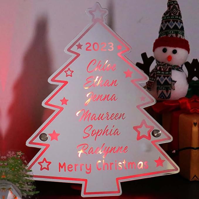 VEELU Personalized Custom Name Mirror LED Light Up, Christmas Tree Wall Decor