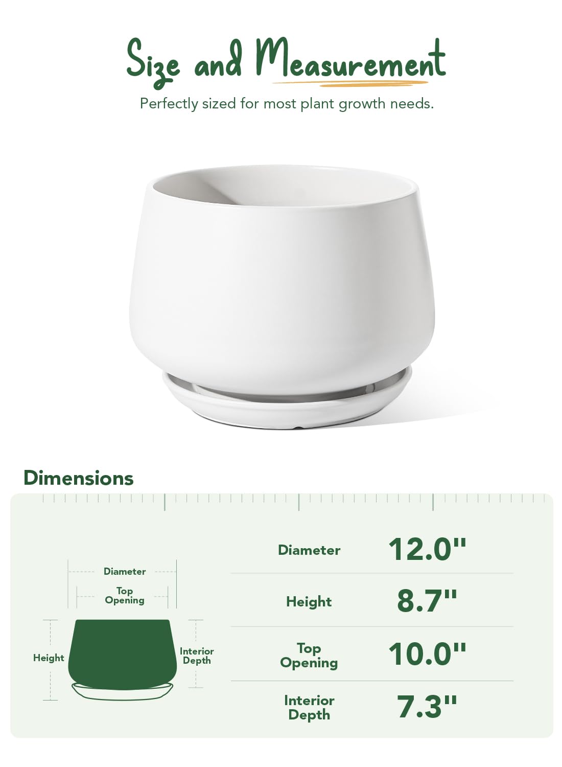 LE TAUCI Ceramic Planters, 12 Inch Pots for Plants, Plant Pots with Drainage Holes and Saucers, Durable and Modern, Planters for Indoor Plants, White