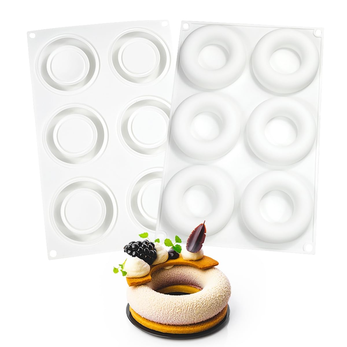 ANGOOD 3D Donut Silicone Mold, Cupcake Baking Pan Mousse Tray Molds, Kitchen Cake Decorating Fondant Mould for Pumpkin Shaped Baking Mousse Cake, 6-Cavity Non-Stick Silicone Moulds (D_ Donut)