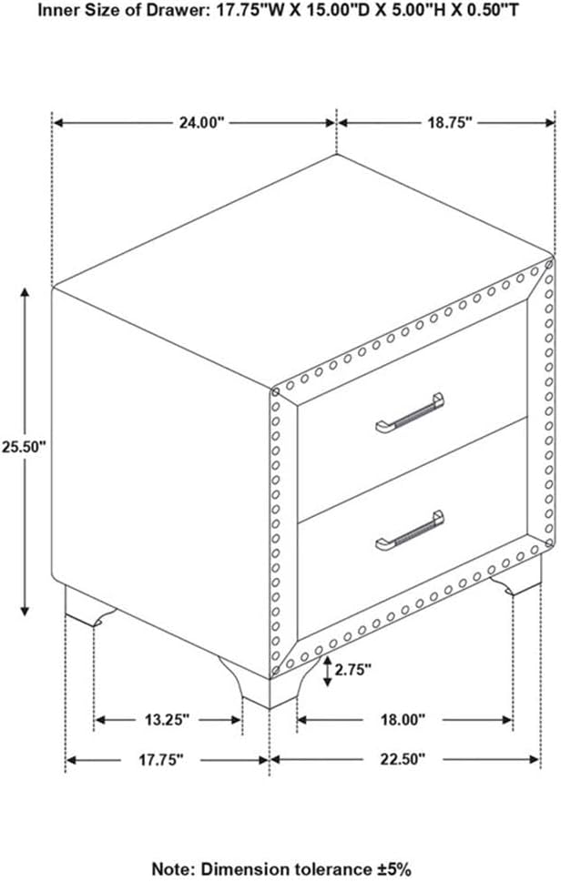 Pemberly Row Contemporary Upholstered 2-Drawer Nightstand, Soft Grey Velvet