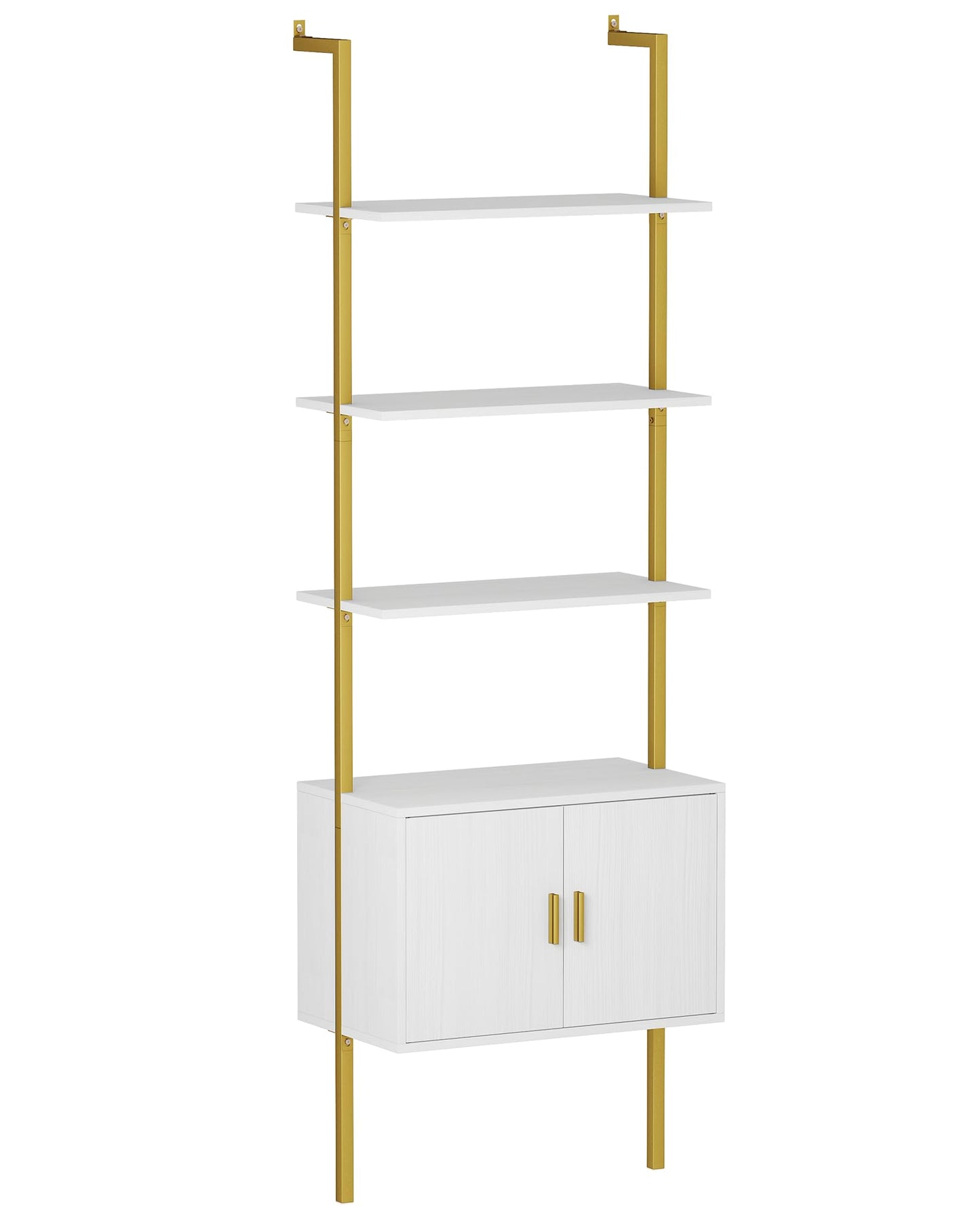 Yusong 73" Tall Bookshelf with Cabinet, Industrial Ladder Wall Mount Shelf Bookcase with Wood and Metal Frame, Plant Shelf Wall Storage Display for Living Room Bedroom, White Gold