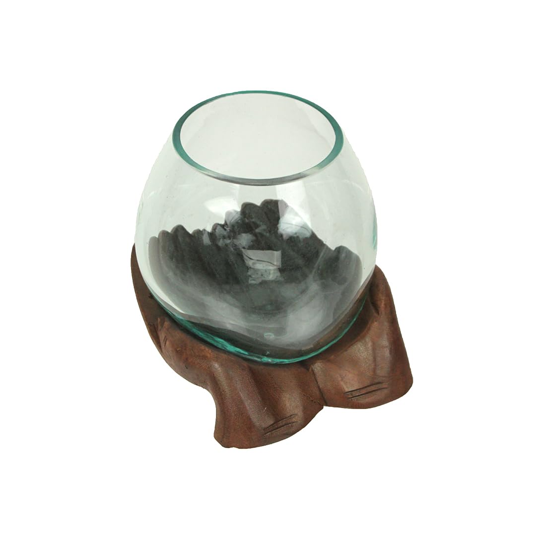 Blown Molten Glass and Carved Wood Hands Decorative Bowls, Vases, and Terrariums, 6 Inches High