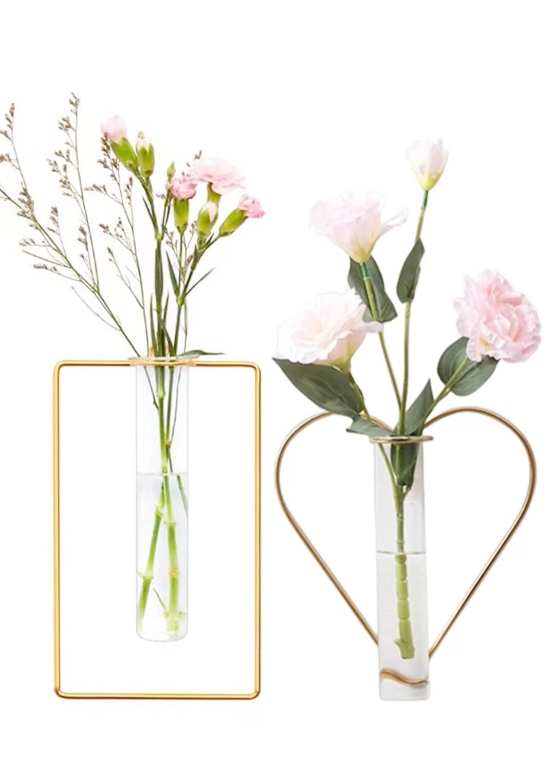 2 Pack Gold Metal Vase,Wall Flower Vase,Geometric Vase,Clear Glass Vase Hydroponic Hanging Plants,Decorative Vase for Fridge,Window,Home,Party (Gold 2)