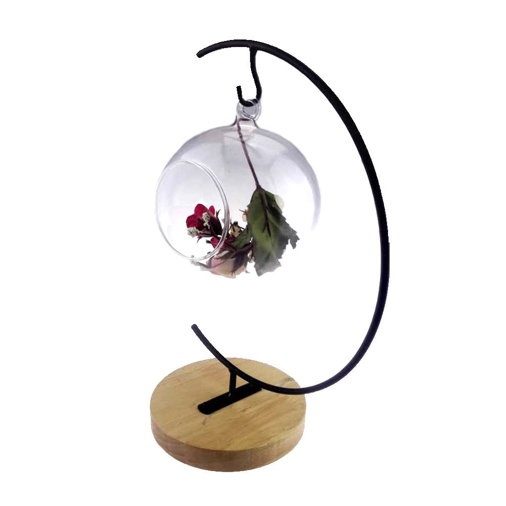 Archi G-shaped Ornament Display Stand Iron Pothook Stand for Hanging Glass Terrarium/Picture with Wood Base (Iron Stand with Wood Base)