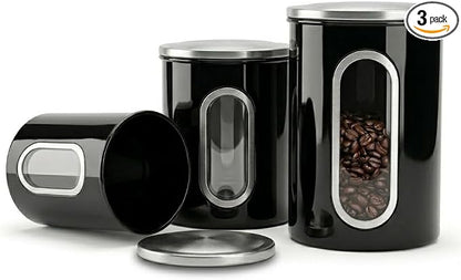 Mixpresso 3-Piece Black Canisters Sets For The Kitchen, Airtight Canister Set With See Through Window, Storage Jars for Coffee Container, Tea Organizer & Sugar Canister, Black Kitchen Canisters