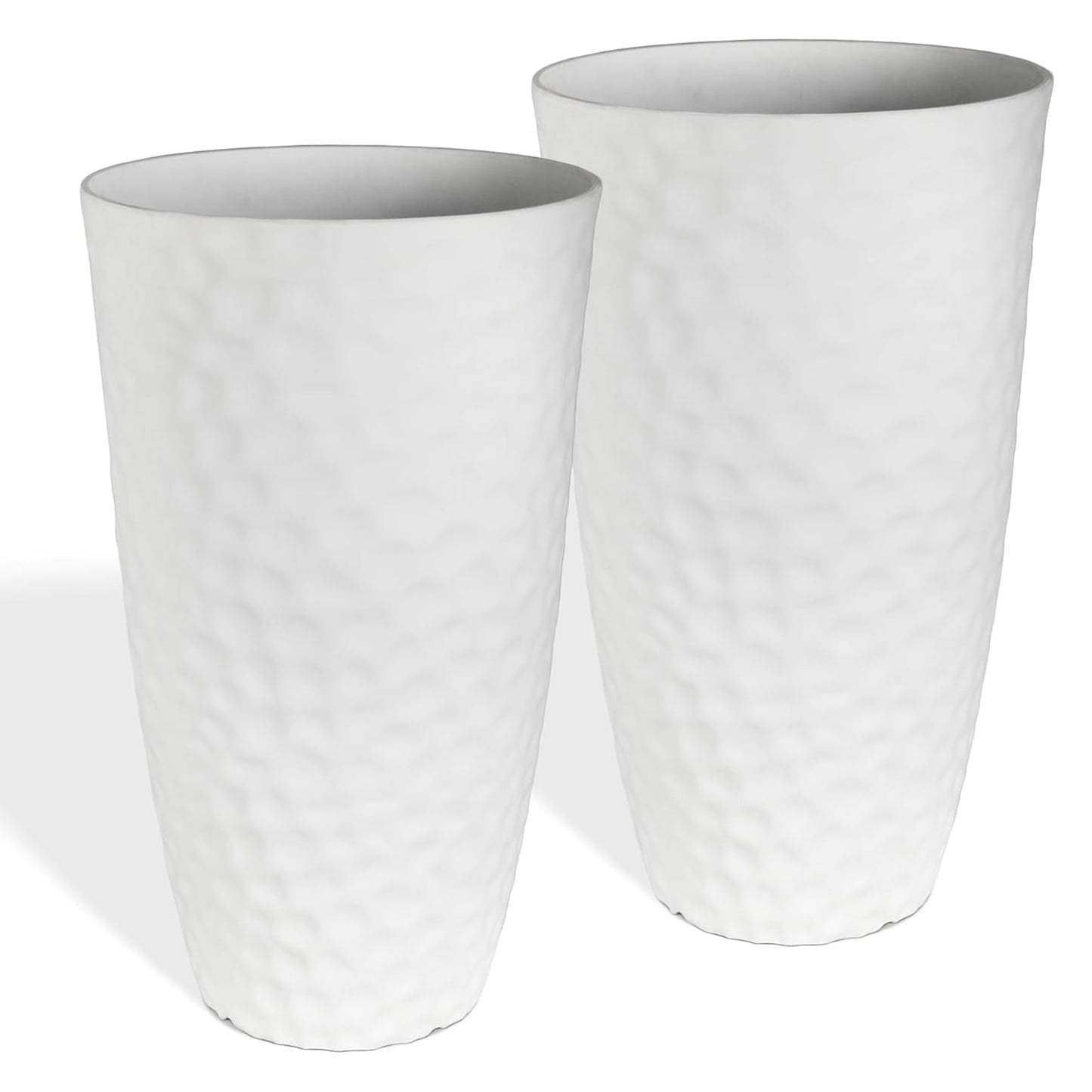 Worth 2 Pack 24" Tall Large Plastic Planter with Drainage Hole, Round Decorative Flower Plant Pit for Indoor or Outdoor Gardening, White