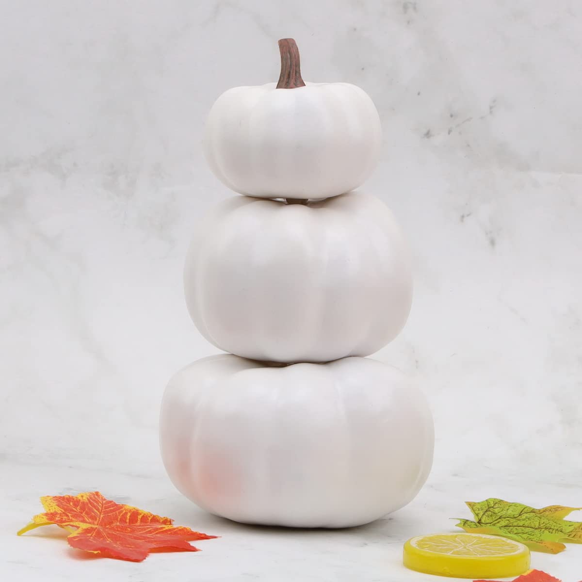 Gresorth 8 Inch Small Stacked White Pumpkins Tower Fake Artificial Halloween Decoration DIY Crafts Paintable Pumpkin for Home Party Table Kitchen Wedding Decorating - 1 Pcs