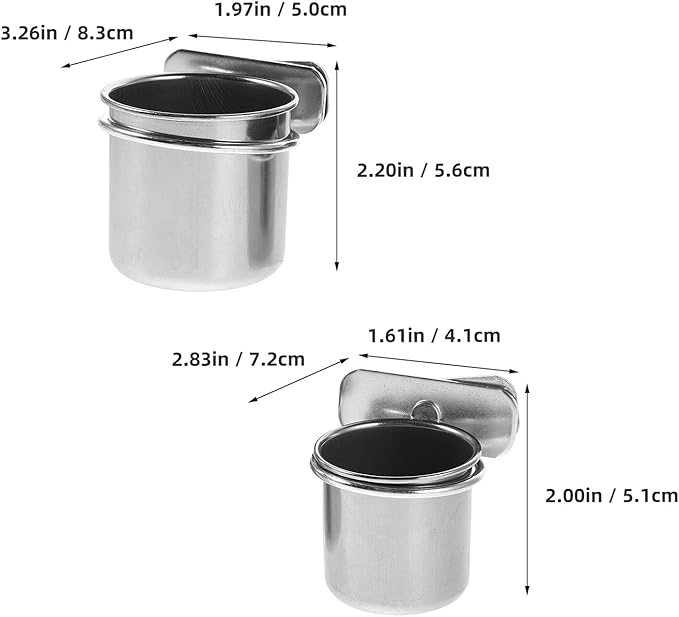 GLEAVI 2pcs Stainless Steel Bird Food Bowls with Clamp Holder, 4.4cm 5.5cm Coop Cup Bird Feeder for Parrot Cage Accessories, Suitable for Cockatiel Budgie Parakeet Feeding