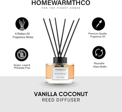 Vanilla Coconut & Citrus Reed Diffuser Set Luxury Fragrance Reed Diffusers for Hotel, Office, Bathroom, Kitchen, Home & Shelf Decor Long-Lasting Scent with Non-Toxic Oils Gift Ready (5.63 oz 160ml)