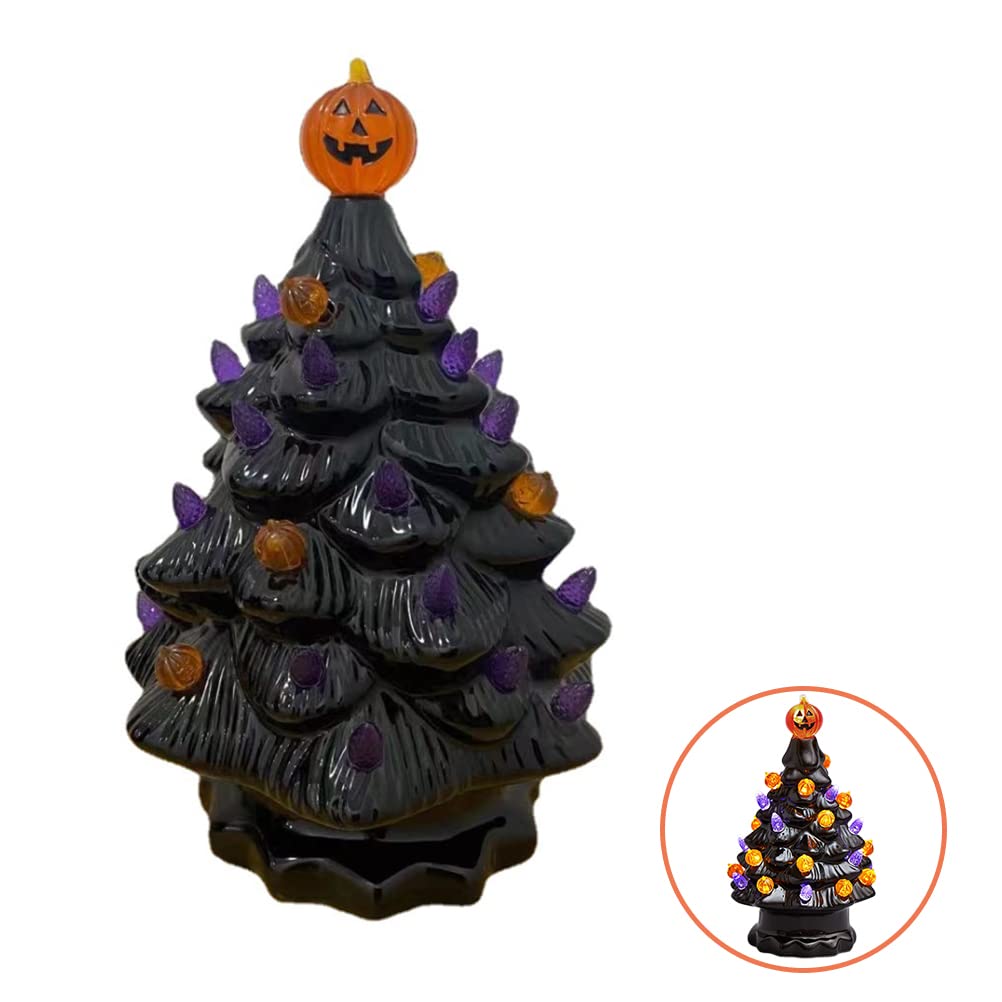 Halloween Ceramic Tree Decorations, Lighted Black Ceramic Tree with Glowing Pumpkin Lights Battery Powered Tabletop Lamp for Indoor Home Office Halloween Fall Decor, 3.94x6.81in