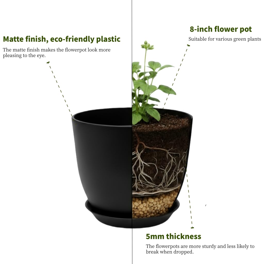 Vanslogreen Plant Pots 8 Inch Set of 6, Flower Pots with Drainage Holes and Saucer, Plastic Garden Planters for Indoor & Outdoor Plants (Black)