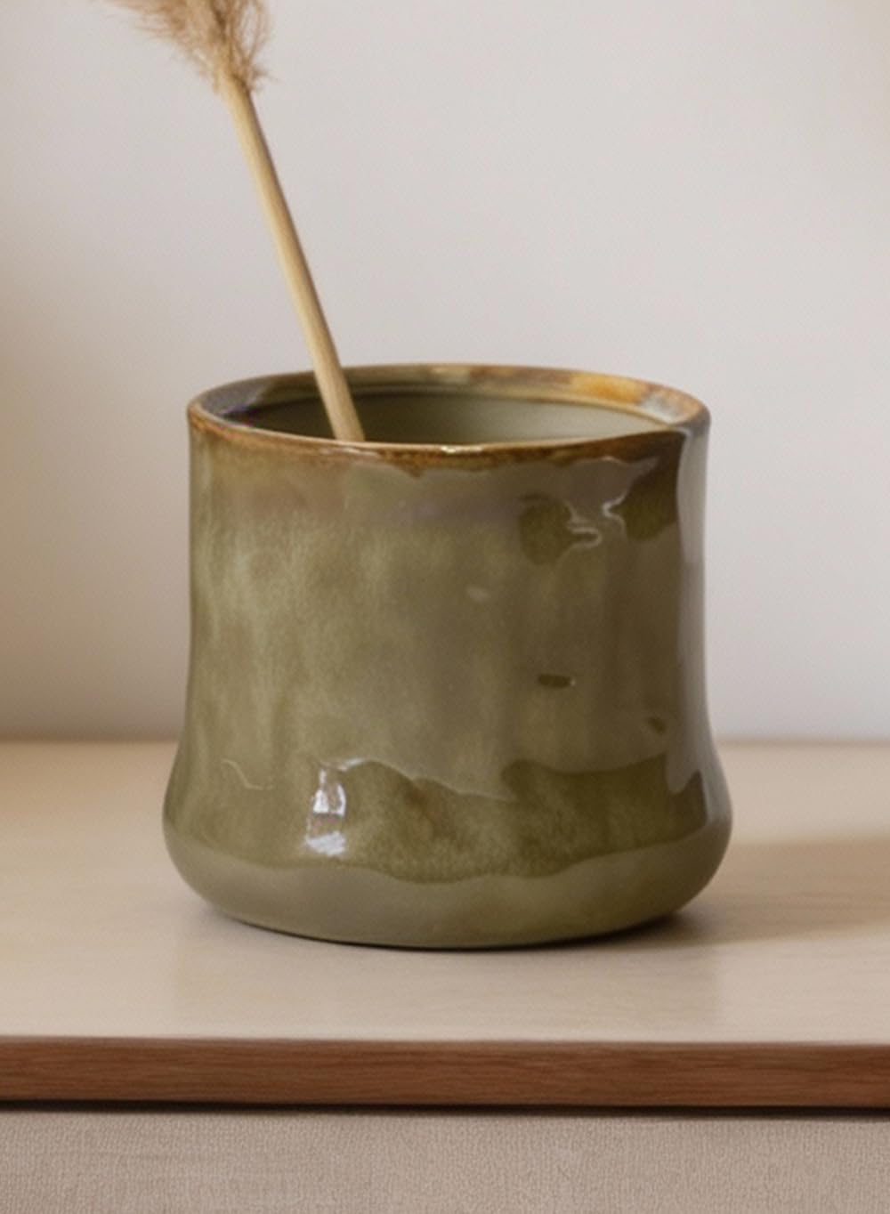 Serene Spaces Living Verde Glaze Ceramic Cachepot – Plant Holder for Indoor Planters, Faux Plants, Shelf & Table Home Décor, Flower Vase, 5" Dia (4" Opening & 4.8" Base) & 4.5" Tall, Pack of 2