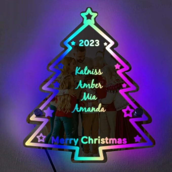 VEELU Personalized Custom Name Mirror LED Light Up, Christmas Tree Wall Decor