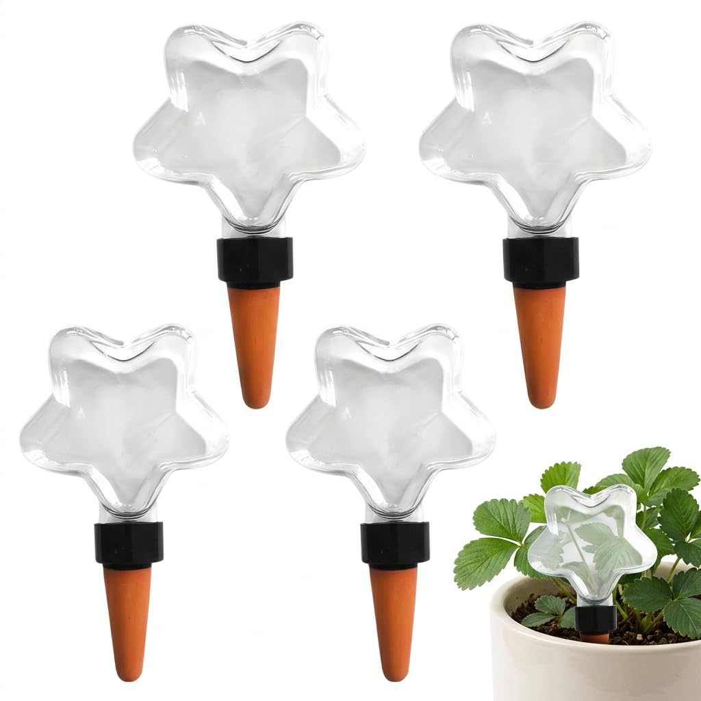 Kysren 4 Pcs Self Watering Globes for Indoor Plant Lovers - Top-Fill Plant Watering Devices for Vacation, 7oz Clear Plastic Star Watering Bulbs with Terracotta Spikes